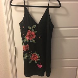 Black Slip Dress with Flower Embroidery